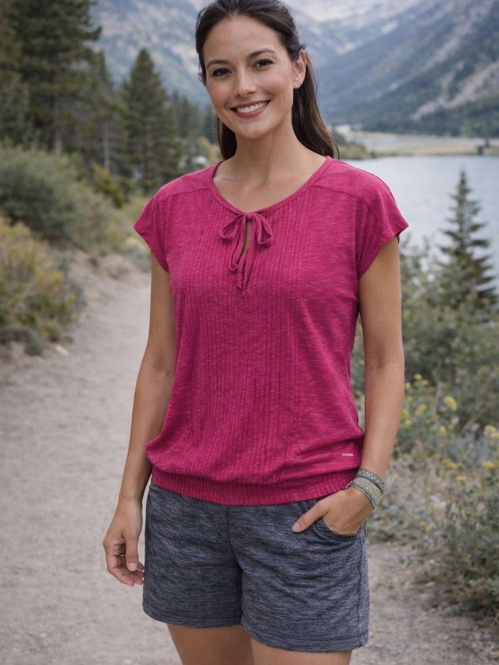Organic cotton blend tee pleated pin tuck elastic hem relaxed‎ short sleeved top